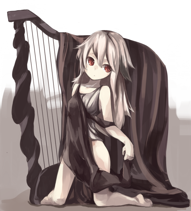 harp, instrument, kneeling, long_hair, original, porifonika, red_eyes, solo