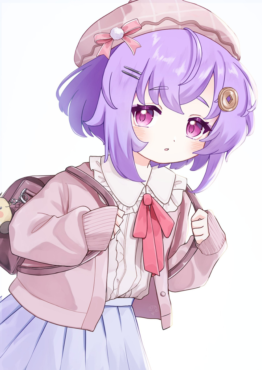 1girl, alternate_costume, backpack, bag, bag_charm, beret, blush, cardigan