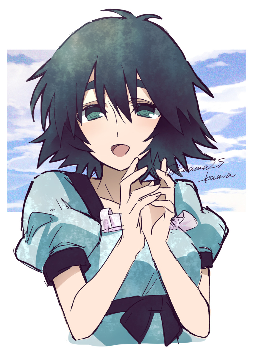 1girl, :d, artist_name, black_hair, blue_dress, blue_sky, border, breasts