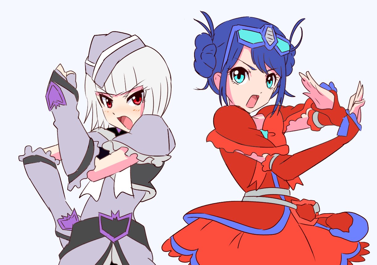 2girls, blue_eyes, blue_hair, capelet, clenched_hand, cosplay, cure_black, cure_black_(cosplay), cure_black_pose, cure_white, cure_white_(cosplay), cure_white_pose, detached_sleeves, double_bun, dress, eyewear_on_head, fingerless_gloves, fumiki_rikiya, futari_wa_precure, garrison_cap, glasses, gloves, grey_background, grey_gloves, grey_hair, grey_shirt, hair_behind_ear, hair_bun, hat, kotobukiya_bishoujo, megatron, megatron_(kotobukiya_bishoujo), multiple_girls, open_mouth, optimus_prime, optimus_prime_(kotobukiya_bishoujo), precure, red_capelet, red_dress, red_eyes, shirt, short_hair, transformers, unofficial_precure_costume, v-shaped_eyebrows