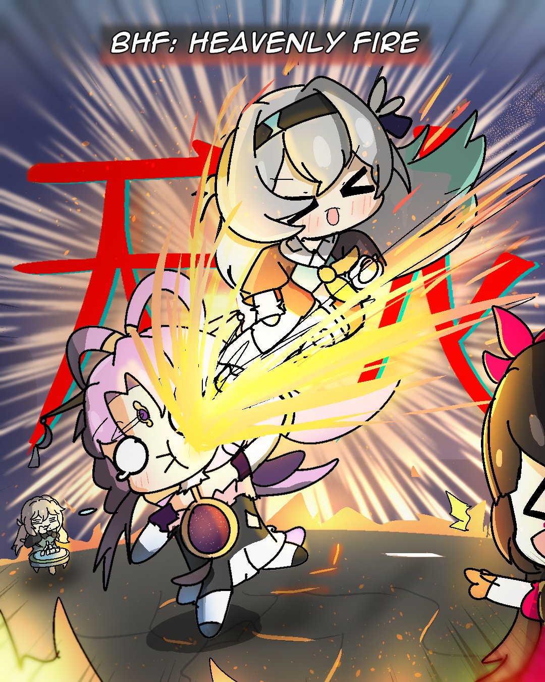 >_<, 4girls, :d, black_hair, black_hairband, brown_hair, chibi, commentary