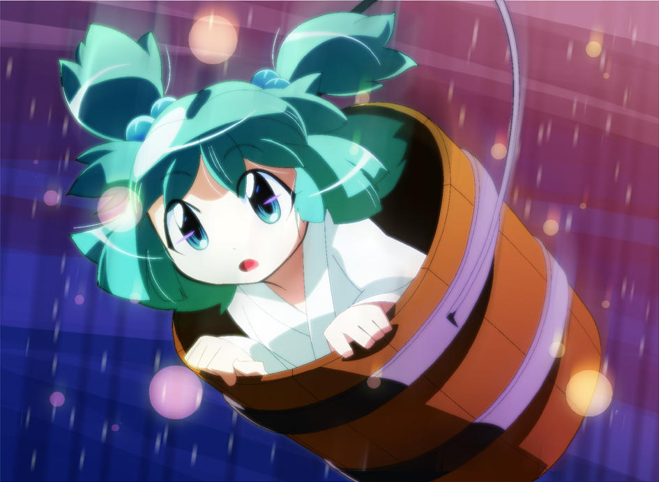 bow, bucket, girl_in_bucket, green_hair, hair_bow, in_bucket, in_container, kisume