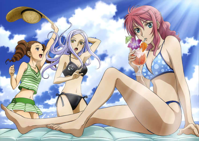 3girls, absurdres, aqua_eyes, barefoot, bikini, blush, breasts, cleavage
