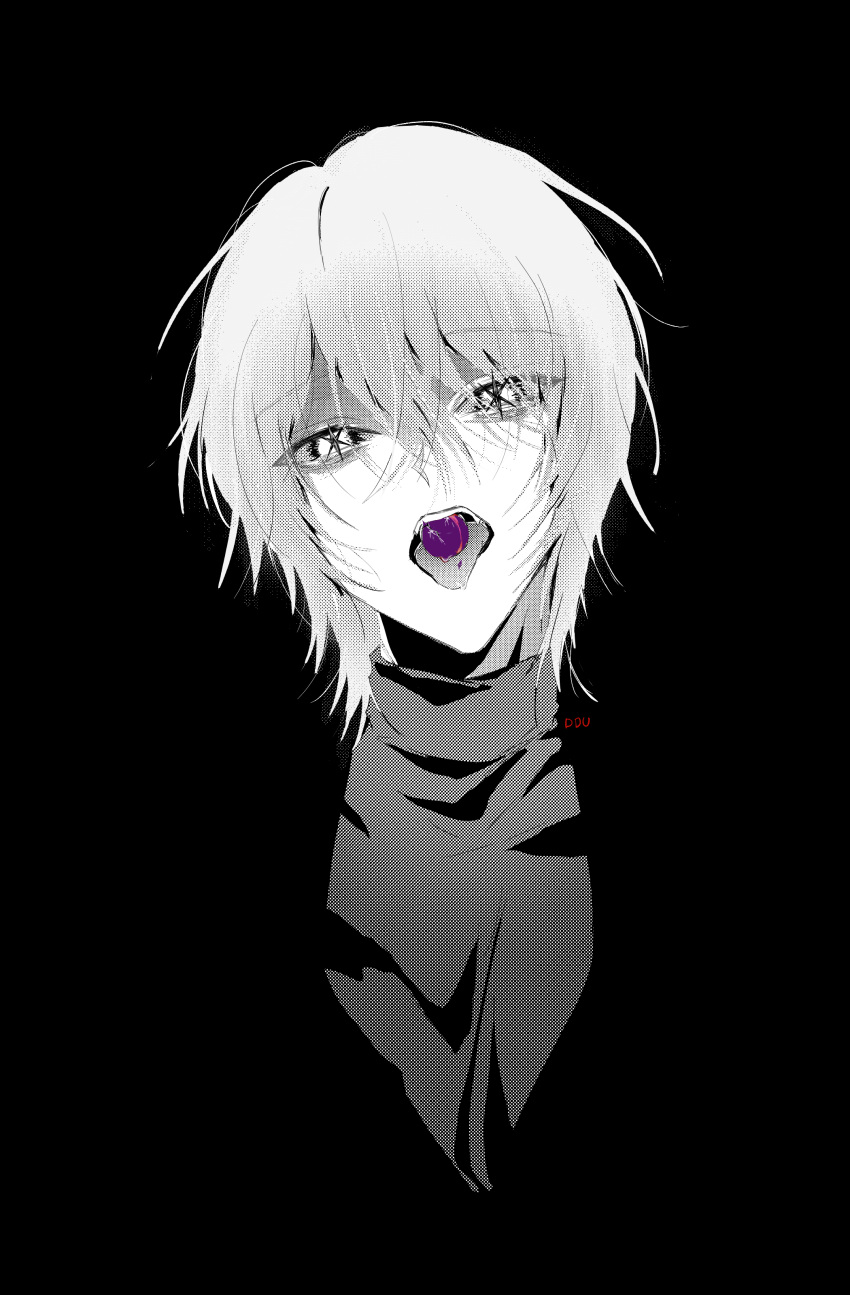 1boy, absurdres, artist_name, black_background, blending, blonde_hair, candy, commentary_request, ddu_45, food, greyscale, hair_between_eyes, head_tilt, highres, kamiki_hikaru, korean_commentary, looking_at_viewer, monochrome, open_mouth, oshi_no_ko, short_hair, simple_background, solo, spot_color, star-shaped_pupils, star_(symbol), symbol-shaped_pupils, teeth, tongue, tongue_out, upper_body, upper_teeth_only