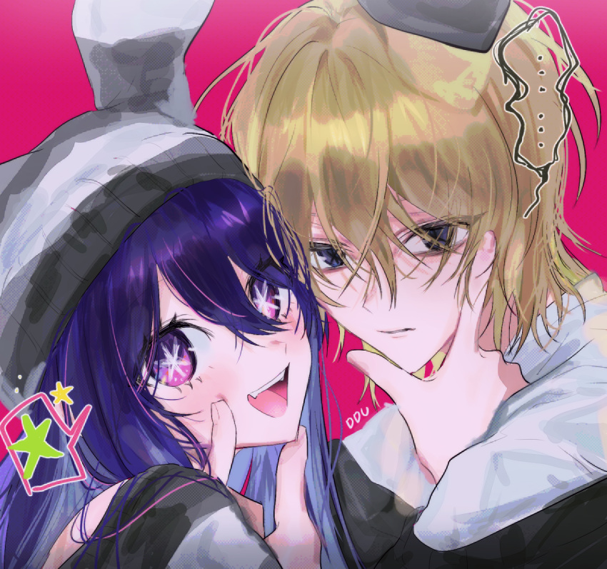 ..., 1boy, 1girl, :d, artist_name, beanie, blonde_hair, commentary_request