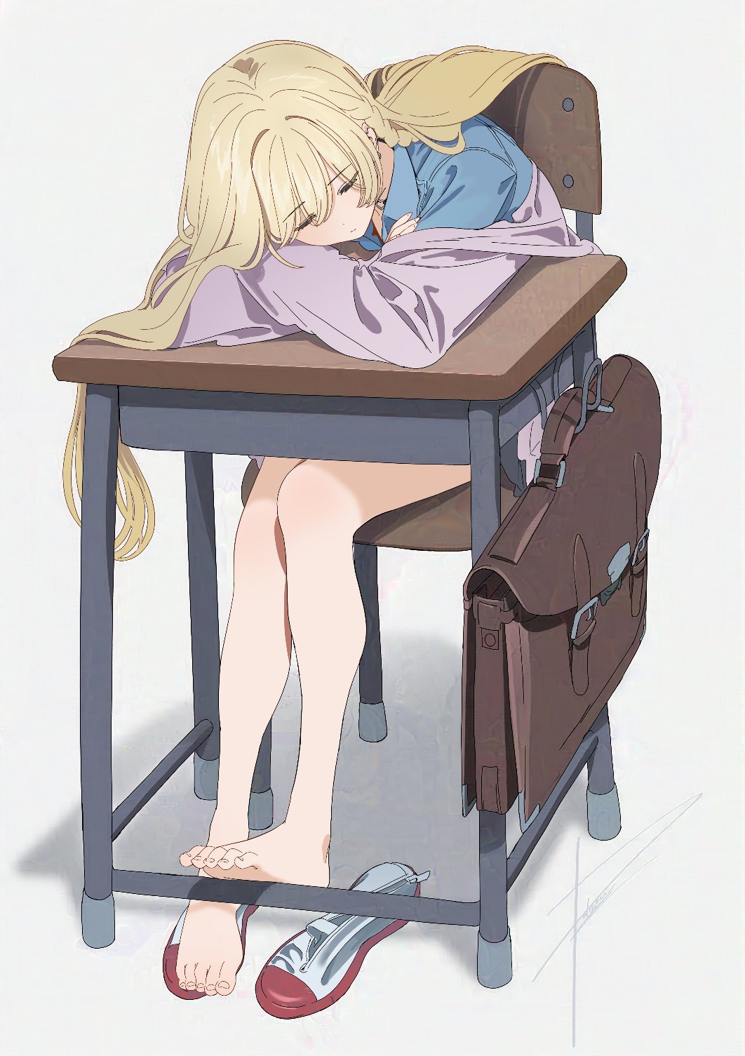 1girl, arm_pillow, bag, bare_legs, barefoot, black_choker, blonde_hair, blue_shirt