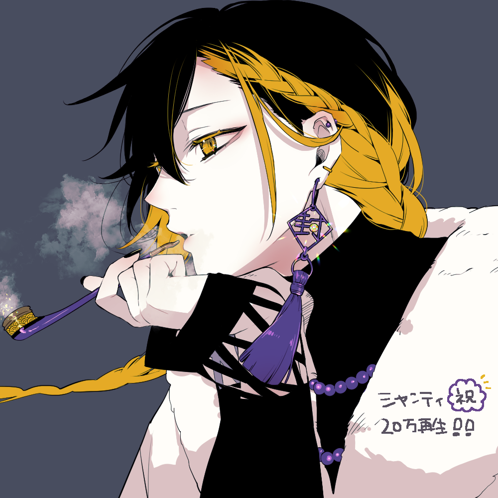 029jrr, 1boy, bead_necklace, beads, black_hair, black_nails, black_shirt, blonde_hair