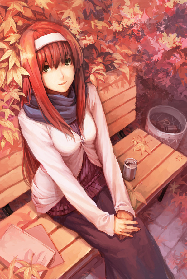 black_skirt, book, can, casual, cute, dominic, green_eyes, hairband, leaf, leaves, long_hair, long_skirt, maple_leaf, red_hair, redhead, ribbon, scarf, seat, sitting, skirt, solo, tohno_akiha, toono_akiha, trash, tree, tsukihime, vermillion_akiha, white_jacket