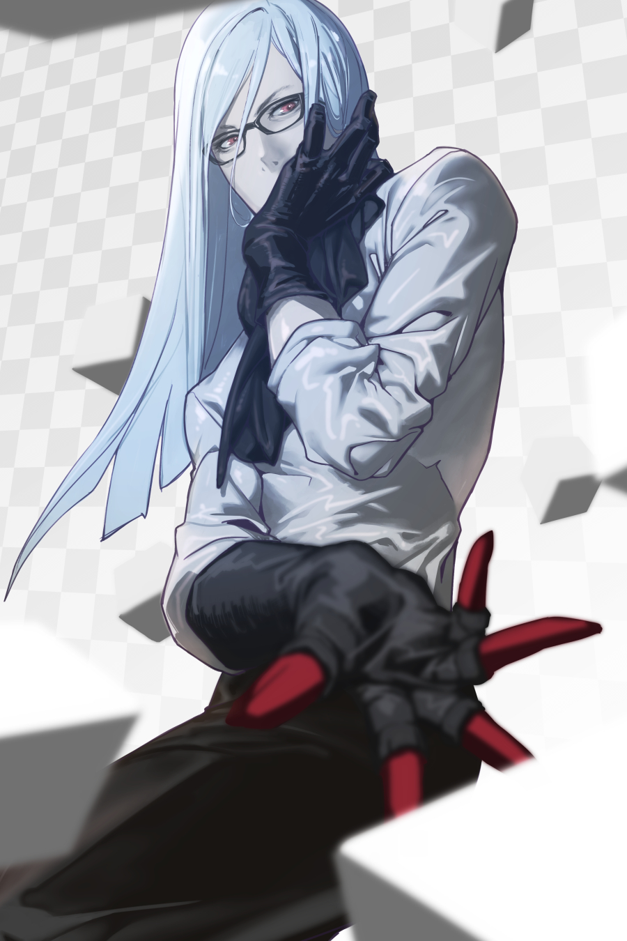 1boy, adam_(nier:automata), black_bow, black_bowtie, black_gloves, black_pants, bow, bowtie, checkered_background, foreshortening, from_below, gloves, hair_between_eyes, hand_on_own_face, highres, long_hair, looking_at_viewer, male_focus, nier:automata, nier_(series), outstretched_hand, pants, rectangular_eyewear, red_eyes, shirt, solo, tomoyuki_kotani, white_hair, white_shirt