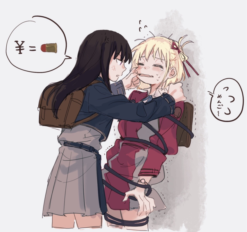 2girls, anger_vein, backpack, bag, black_hair, blonde_hair, blue_dress, bound