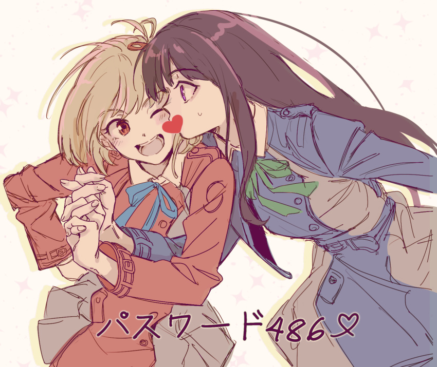 2girls, black_hair, blonde_hair, blue_dress, blue_ribbon, commentary, dress, green_ribbon