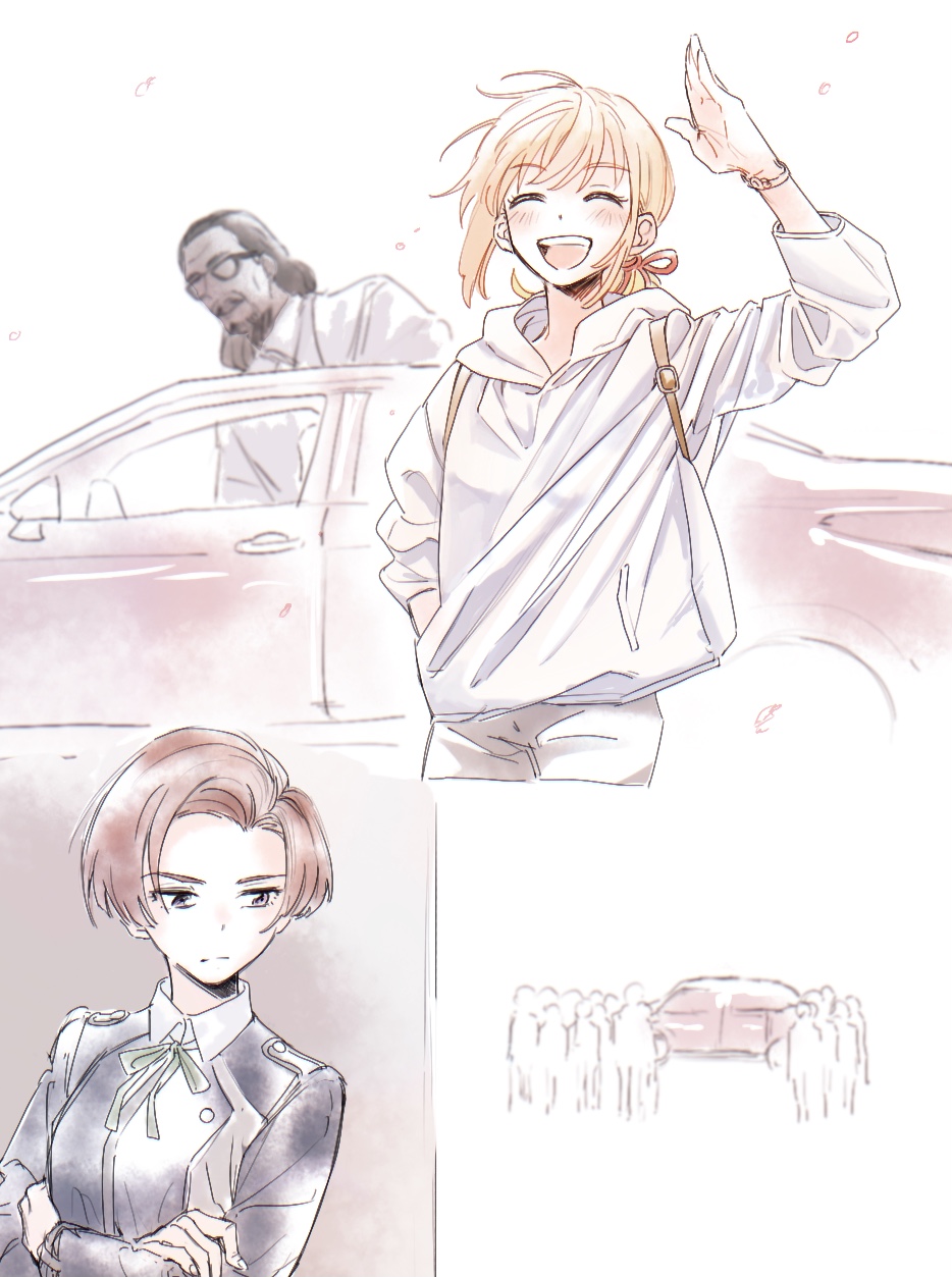 1boy, 2girls, 6+others, backpack, bag, blonde_hair, blue_dress, blush