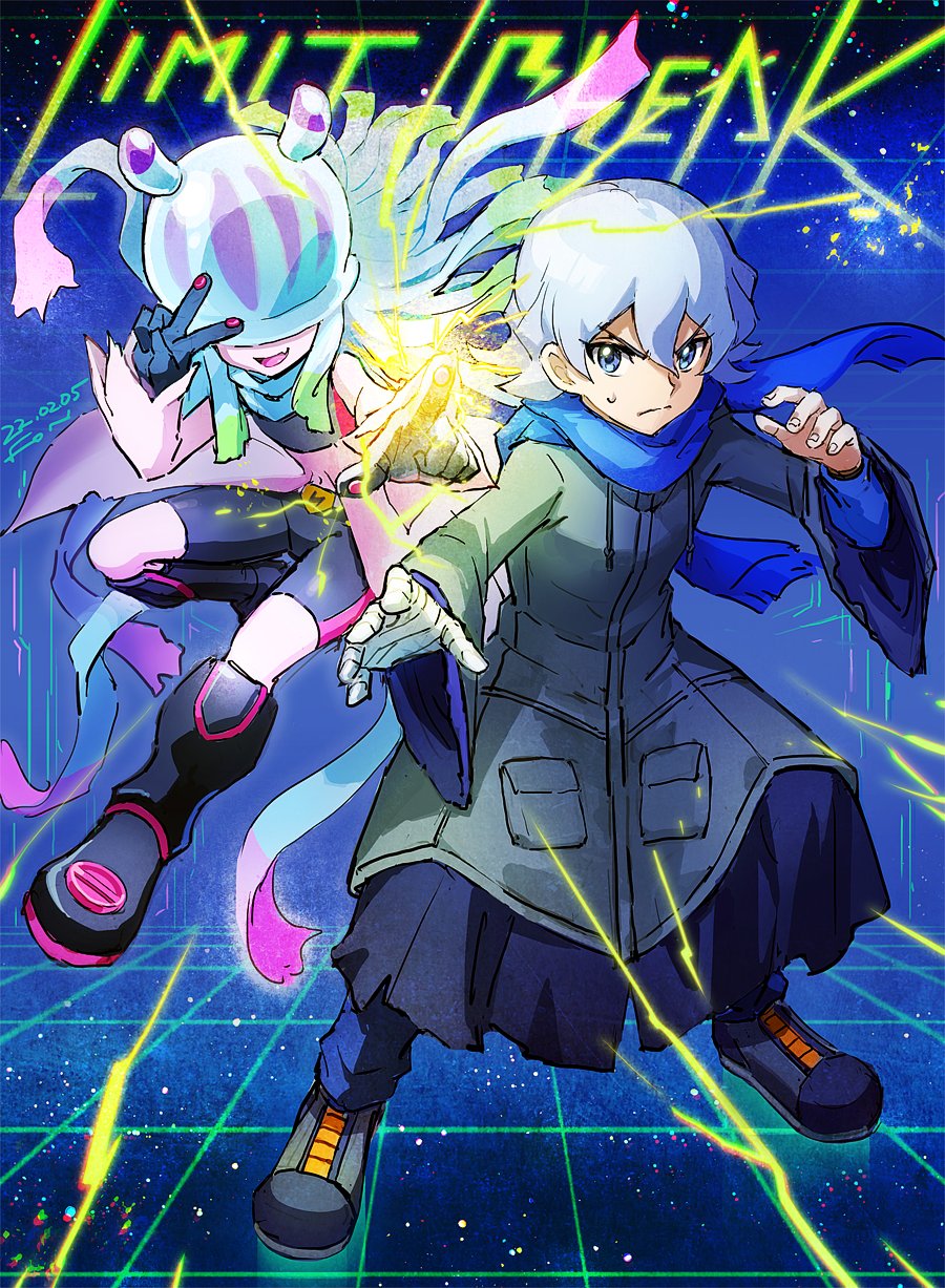1boy, 1girl, black_footwear, black_shorts, blue_background, blue_scarf, casting_spell, closed_mouth