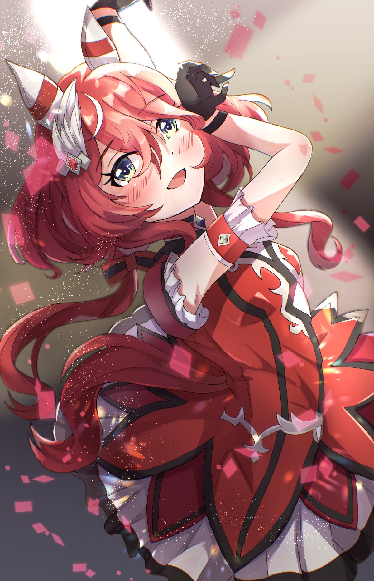 1girl, arms_up, blurry, blurry_background, breasts, commentary_request, dancing, gloves