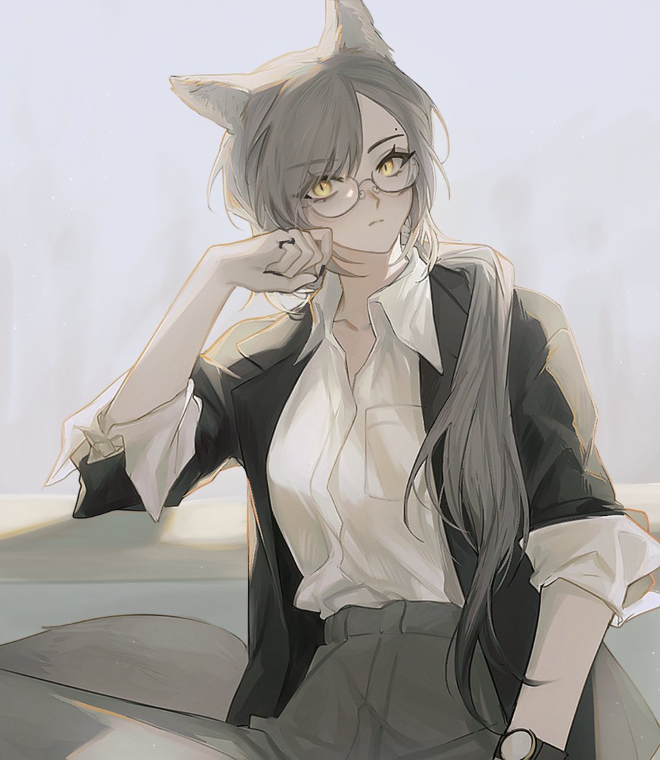1girl, alternate_hairstyle, animal_ears, arknights, arm_support, bespectacled, black_jacket, blue_eyes, brown_hair, collared_shirt, commentary_request, frown, gae_tteok00, glasses, grey_background, grey_skirt, head_rest, jacket, jewelry, korean_commentary, looking_at_viewer, penance_(arknights), ponytail, ring, shirt, simple_background, skirt, sleeves_rolled_up, tail, watch, watch, white_shirt, wolf_ears, wolf_girl, wolf_tail, yellow_eyes