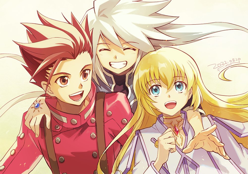 1girl, 2boys, arm_around_shoulder, blonde_hair, blue_eyes, brown_hair, closed_eyes, colette_brunel, commentary, dated, fon-due_(fonfon), genis_sage, grey_hair, grin, happy, jacket, lloyd_irving, long_hair, multiple_boys, open_mouth, red_jacket, short_hair, signature, smile, spiky_hair, suspenders, symbol-only_commentary, tales_of_(series), tales_of_symphonia, upper_body, very_long_hair, white_background