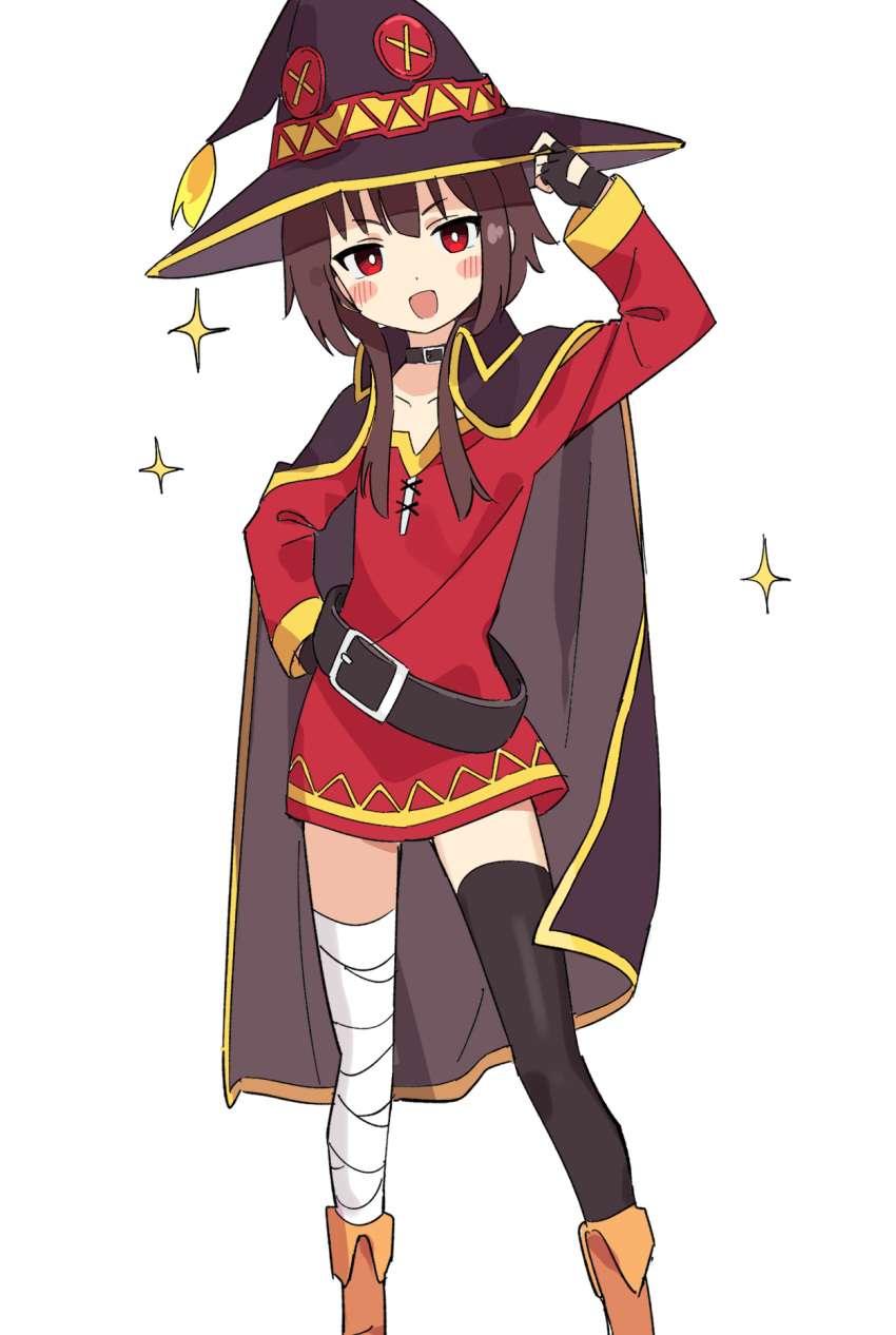 1girl, adjusting_clothes, adjusting_headwear, arm_up, asymmetrical_legwear, bandaged_leg, bandages, belt, belt_collar, black_belt, black_gloves, black_thighhighs, blunt_bangs, blush_stickers, boots, bright_pupils, brown_cape, brown_footwear, brown_hair, brown_hat, cape, collar, collarbone, dot_nose, dress, feet_out_of_frame, fingerless_gloves, flat_chest, fusazakura, gloves, gold_trim, hand_on_own_hip, hat, highres, kono_subarashii_sekai_ni_shukufuku_wo!, long_sleeves, looking_at_viewer, megumin, mismatched_legwear, open_mouth, oversized_belt, red_dress, red_eyes, short_dress, short_eyebrows, short_hair_with_long_locks, sidelocks, simple_background, smile, solo, sparkle, standing, straight_hair, thigh-highs, white_background, white_pupils, witch_hat, zettai_ryouiki