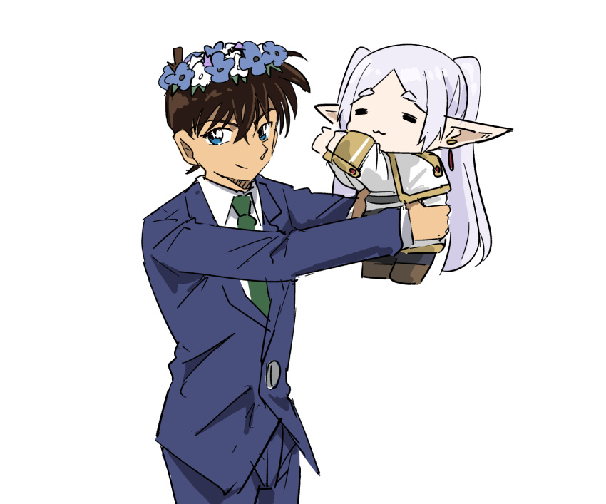 1boy, 1girl, :3, =_=, aoyama_goushou_(style), blue_eyes, blue_suit, brown_hair