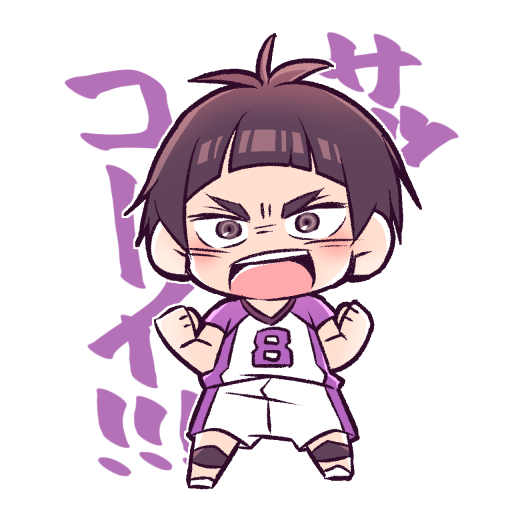 1boy, black_hair, blunt_bangs, blush, brown_eyes, chibi, clenched_hands, commentary_request