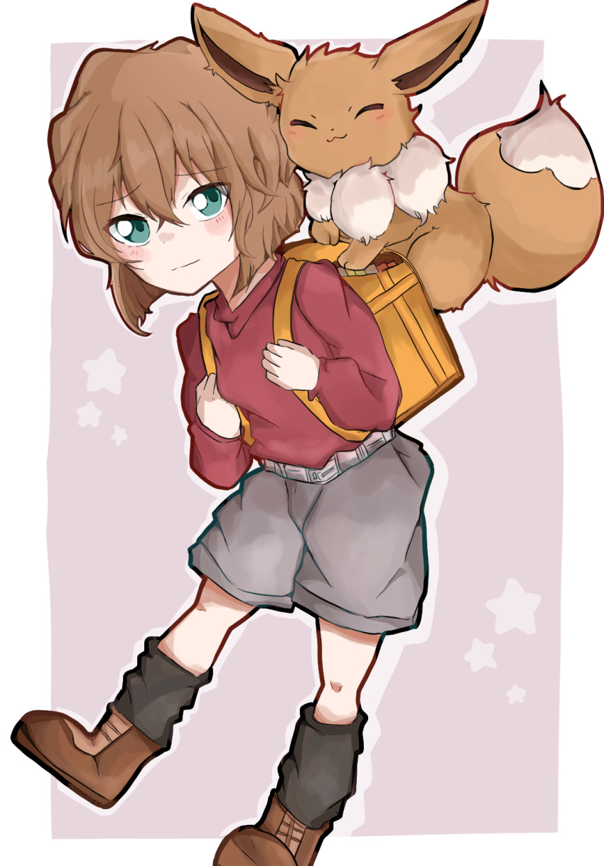 1girl, backpack, bag, black_leg_warmers, blush, border, brown_footwear, brown_fur