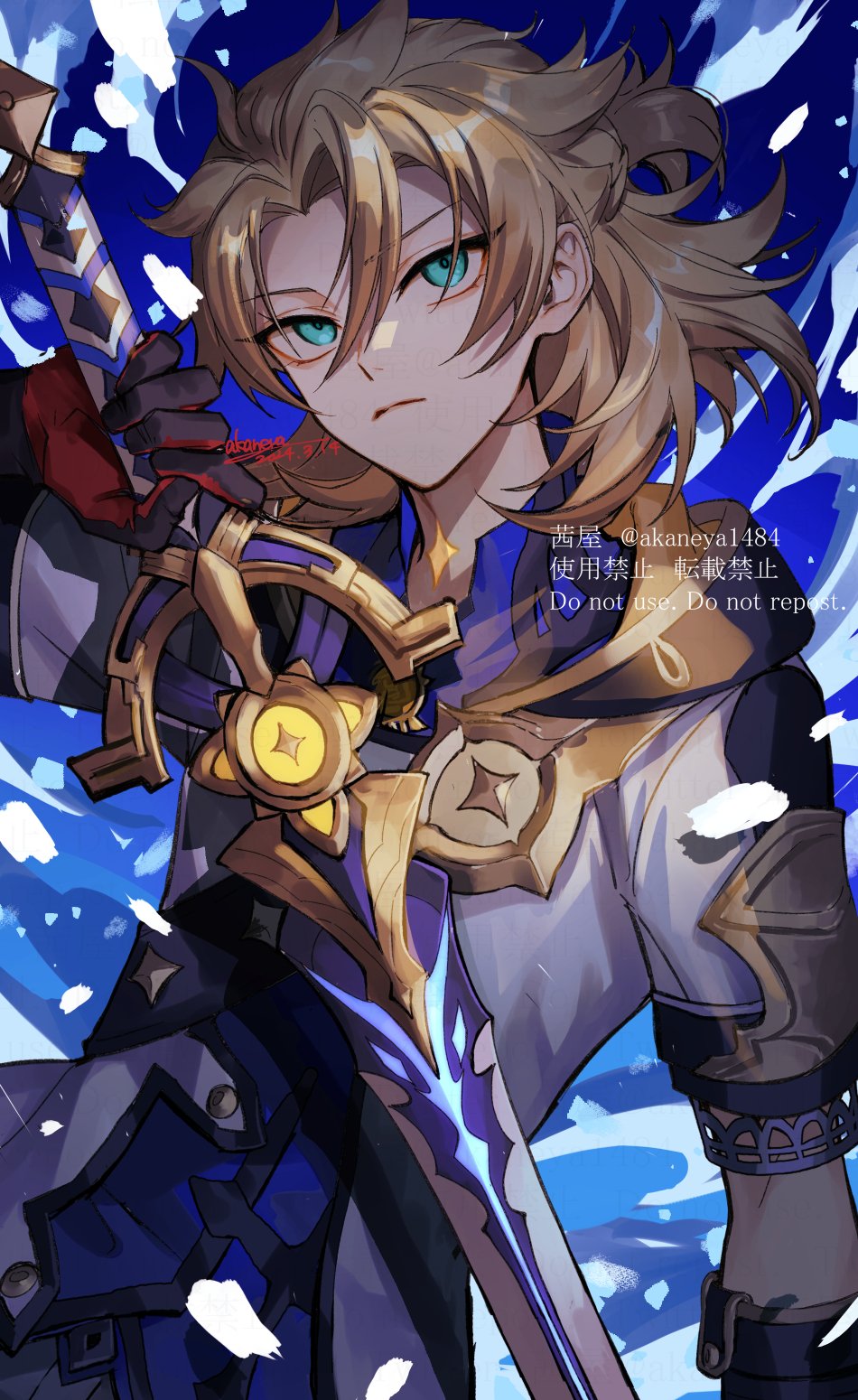 1boy, albedo_(genshin_impact), aqua_eyes, artist_name, black_gloves, blue_background, blue_shirt, brown_gloves, cinnabar_spindle_(genshin_impact), closed_mouth, coat, collared_shirt, commentary_request, dated, eyelashes, frown, genshin_impact, gloves, gold_trim, hair_between_eyes, half_updo, hand_up, highres, holding, holding_sword, holding_weapon, hood, hood_down, hooded_coat, light_brown_hair, looking_at_viewer, male_focus, medium_hair, ojo_aa, open_clothes, open_coat, parted_bangs, scar, scar_on_neck, serious, shirt, short_sleeves, sidelocks, signature, simple_background, solo, sword, twitter_username, two-tone_gloves, v-shaped_eyebrows, vision_(genshin_impact), watermark, weapon, white_coat