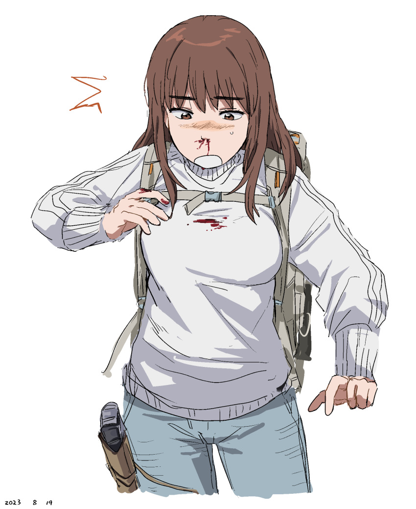 1girl, backpack, bag, blood, blood_on_clothes, blood_on_hands, brown_eyes, brown_hair