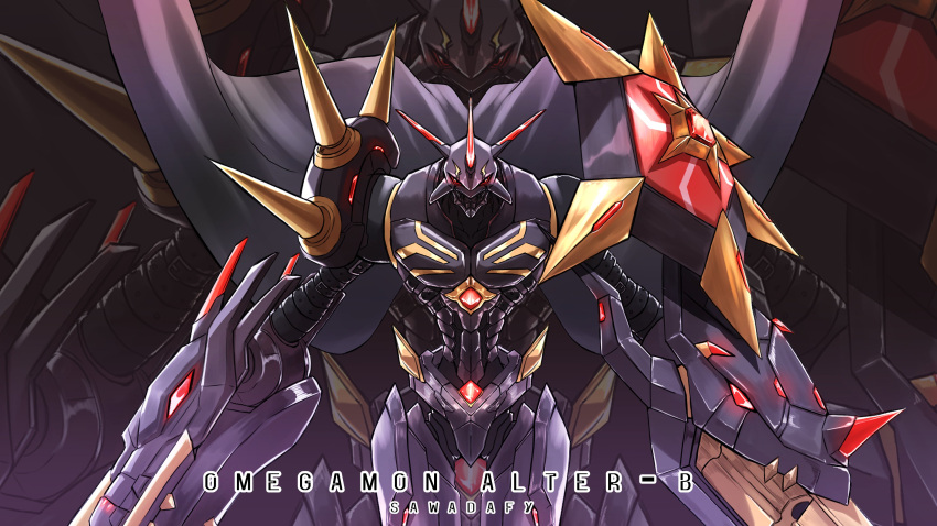 a-pose, absurdres, arm_blade, arm_cannon, armor, artist_name, black_cape, black_skin, cape, character_name, chest_jewel, colored_skin, dark_background, digimon, energy_gun, glowing, glowing_eyes, gradient_background, gun, highres, horns, multiple_heads, neon_trim, omegamon_alter-b, red_eyes, revolver, robot, sawadafy, shield, shoulder_armor, solo, spikes, weapon, zoom_layer