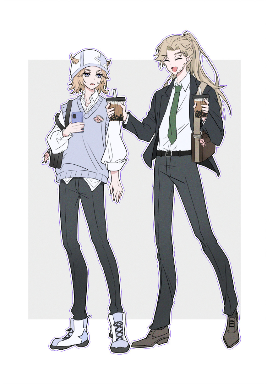2boys, alternate_hairstyle, bag, black_jacket, blonde_hair, blue_eyes, blue_sweater_vest, boots