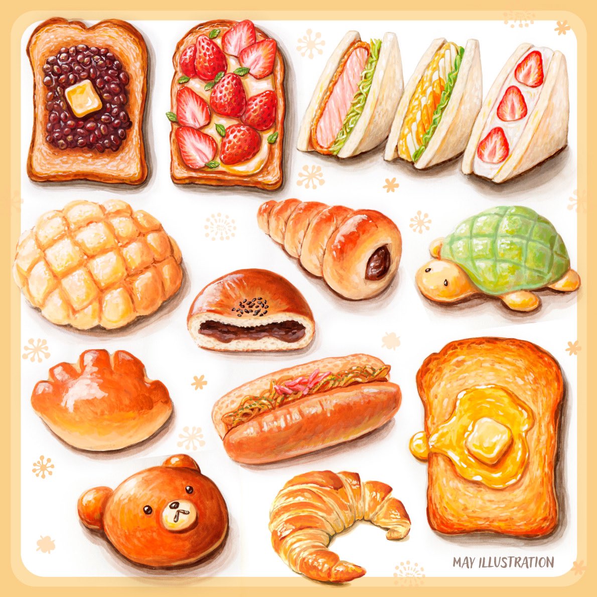 animal-themed_food, artist_name, beans, border, bread, bread_slice, brown_border, butter