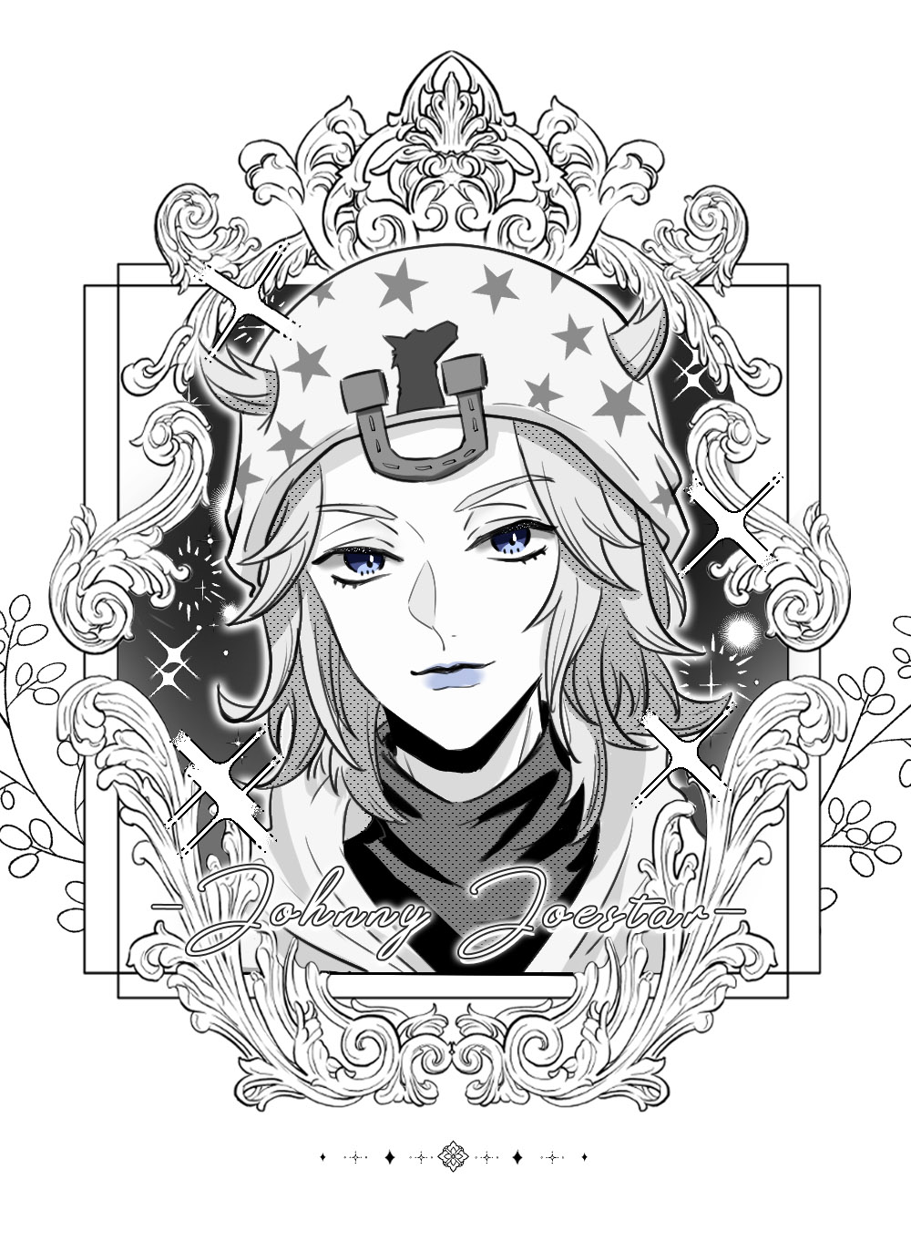 1boy, blue_eyes, blue_lips, character_name, chuchumimipupu, commentary_request, greyscale, hat
