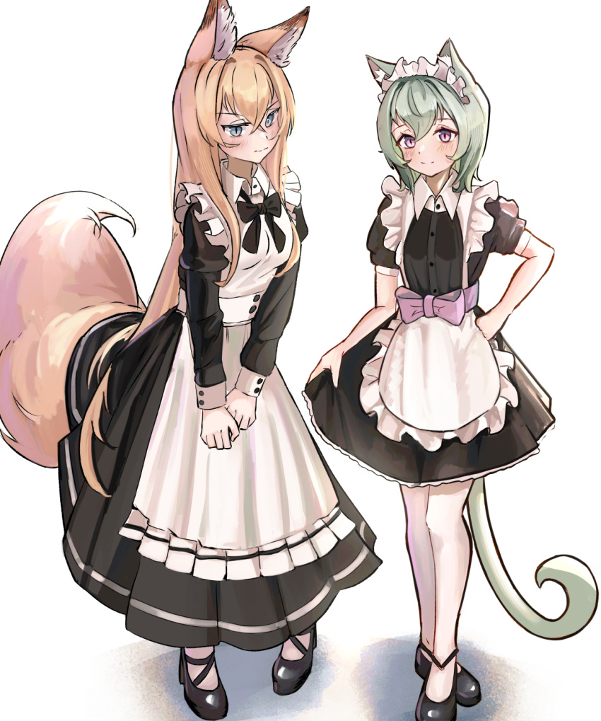2girls, animal_ears, apron, black_dress, blonde_hair, blue_eyes, cat_ears, cat_girl