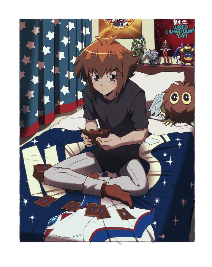1boy, bedroom, brown_hair, duel_academy_uniform_(yu-gi-oh!_gx), full_body, hair_between_eyes, long_sleeves, looking_at_viewer