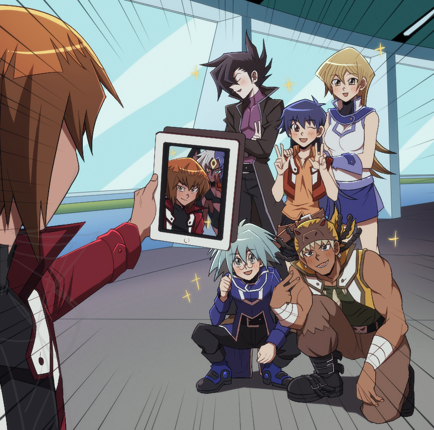 2girls, 4boys, blue_hair, blurry, blush, brown_hair, depth_of_field, duel_academy_uniform_(yu-gi-oh!_gx)