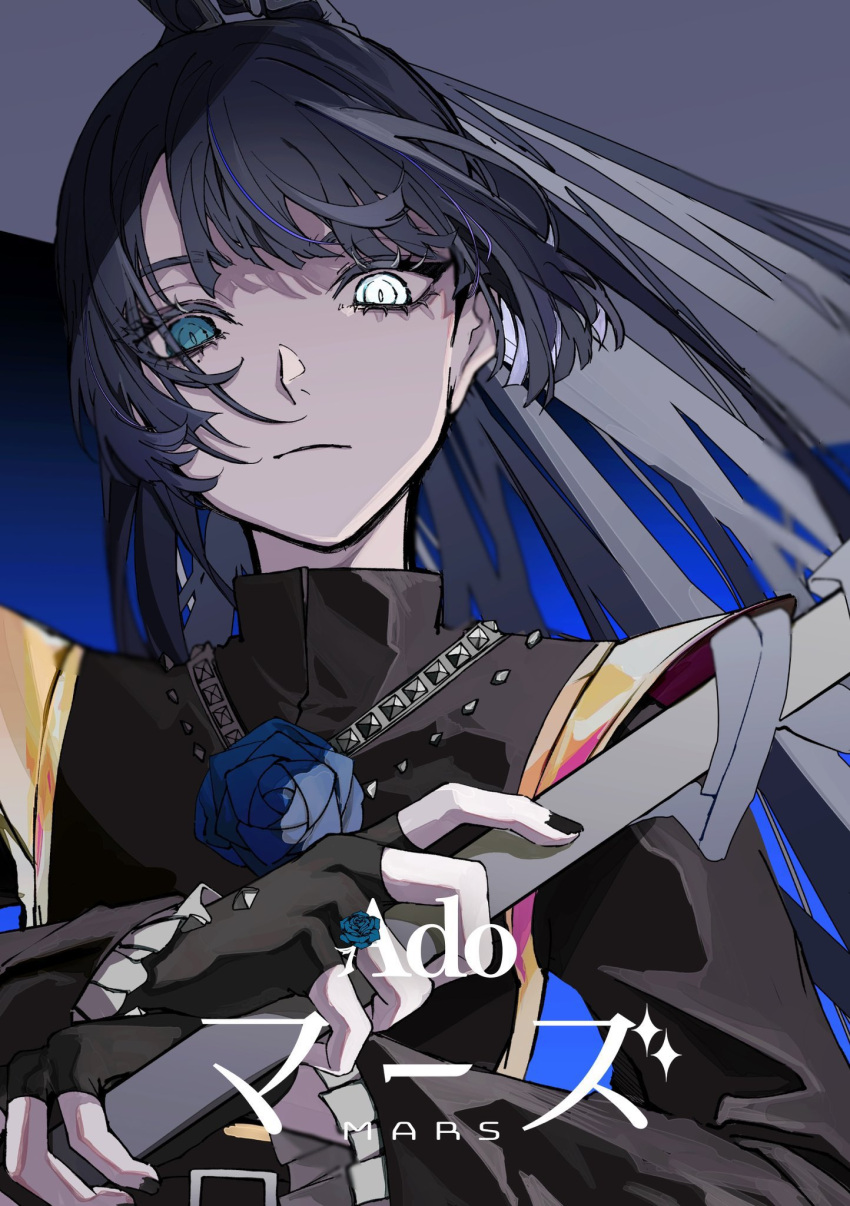 1girl, ado_(utaite), black_gloves, black_hair, black_nails, black_shirt, blue_background, blue_eyes