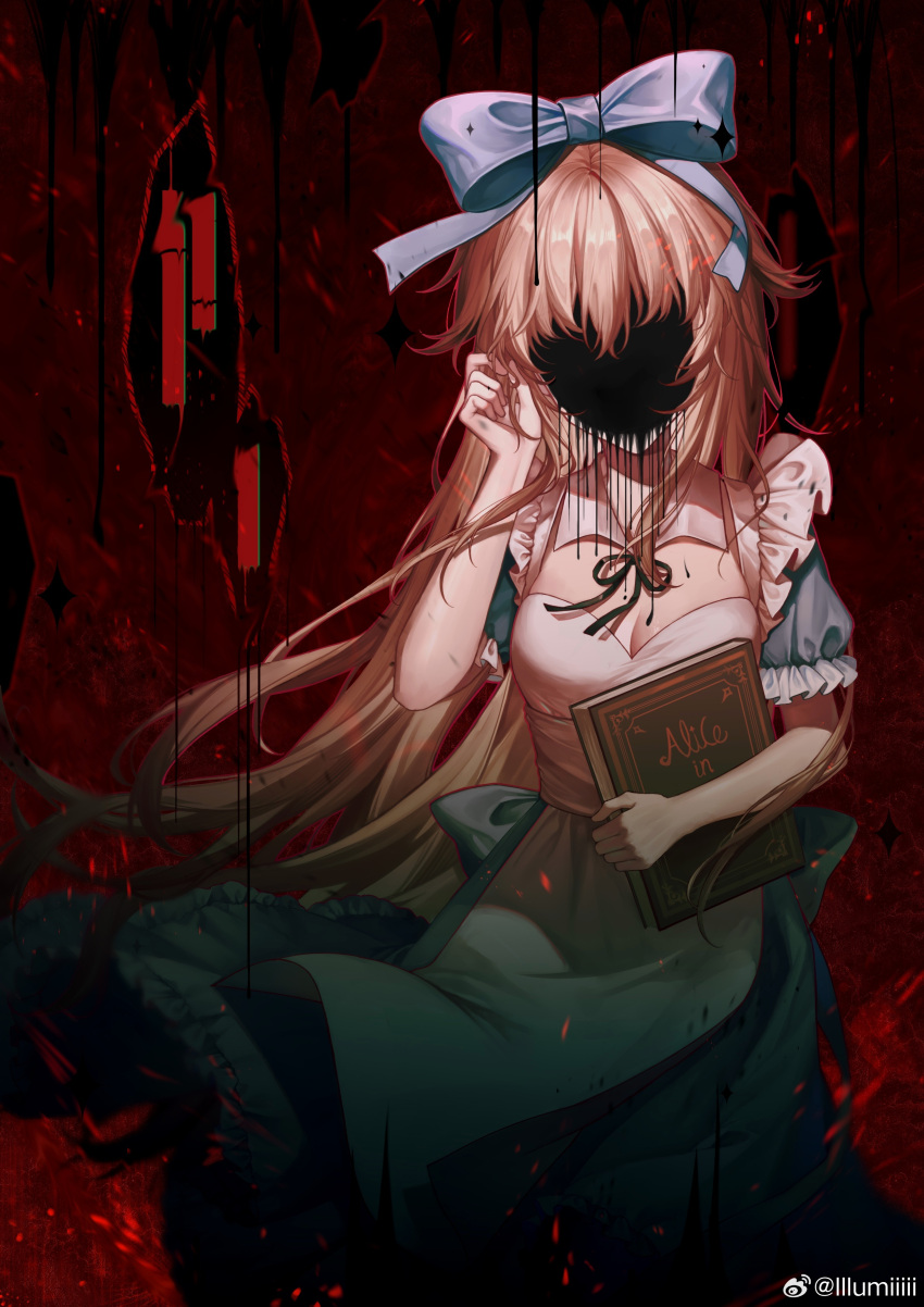 1girl, absurdres, alice_(black_souls), apron, black_liquid, black_ribbon, black_souls, blonde_hair, blue_bow, blue_eyes, book, bow, covered_face, dress, facing_viewer, flower, frilled_sleeves, frills, hair_bow, hair_flower, hair_ornament, hand_up, highres, holding, holding_book, long_hair, long_sleeves, neck_ribbon, puffy_long_sleeves, puffy_sleeves, ribbon, sidelocks, solo, speech_bubble, very_long_hair, white_apron, zciwhdiwjsisis