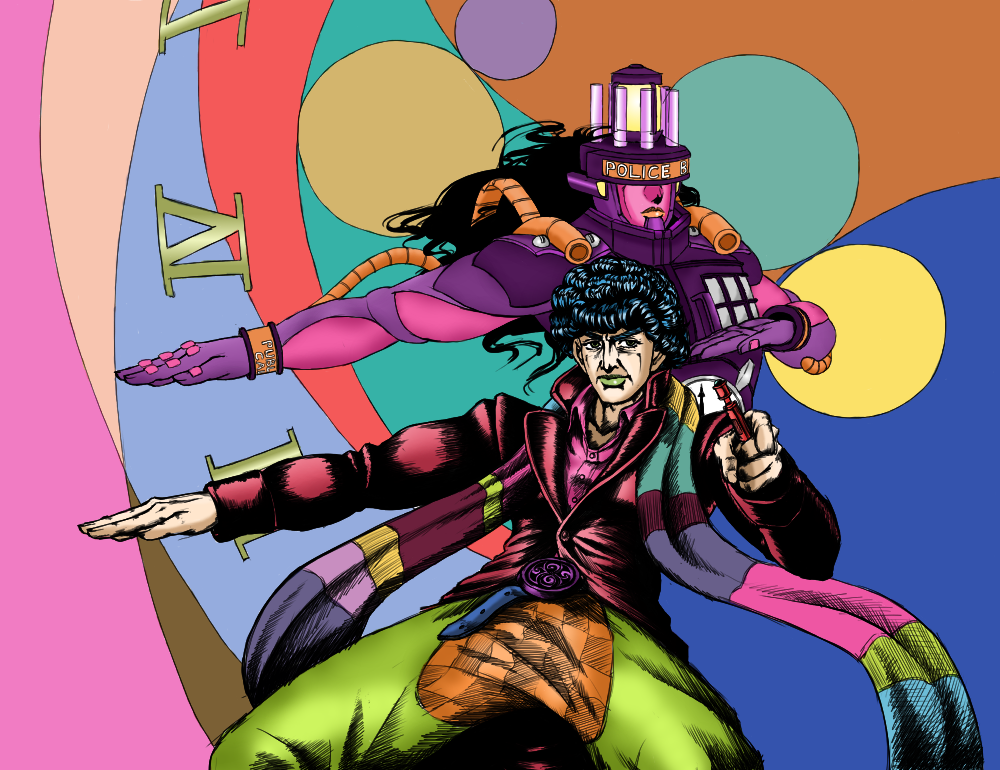 araki_hirohiko_(style), crossover, doctor_who, drawfag, fourth_doctor_(doctor_who), jacket, jojo_no_kimyou_na_bouken, male, parody, police, scarf, shirt, sonic_screwdriver, stand_(jojo), style_parody, tardis, the_doctor