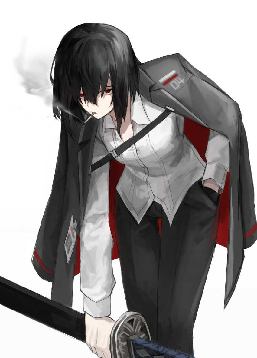 1girl, absurdres, badnick69_(camchi), black_coat, black_hair, black_pants, cigarette, coat, coat_on_shoulders, guan_dao, highres, limbus_company, object_head, ootachi, pants, polearm, project_moon, red_eyes, ryoshu_(project_moon), sheath, sheathed, simple_background, smoke, smoking, solo, weapon, white_background