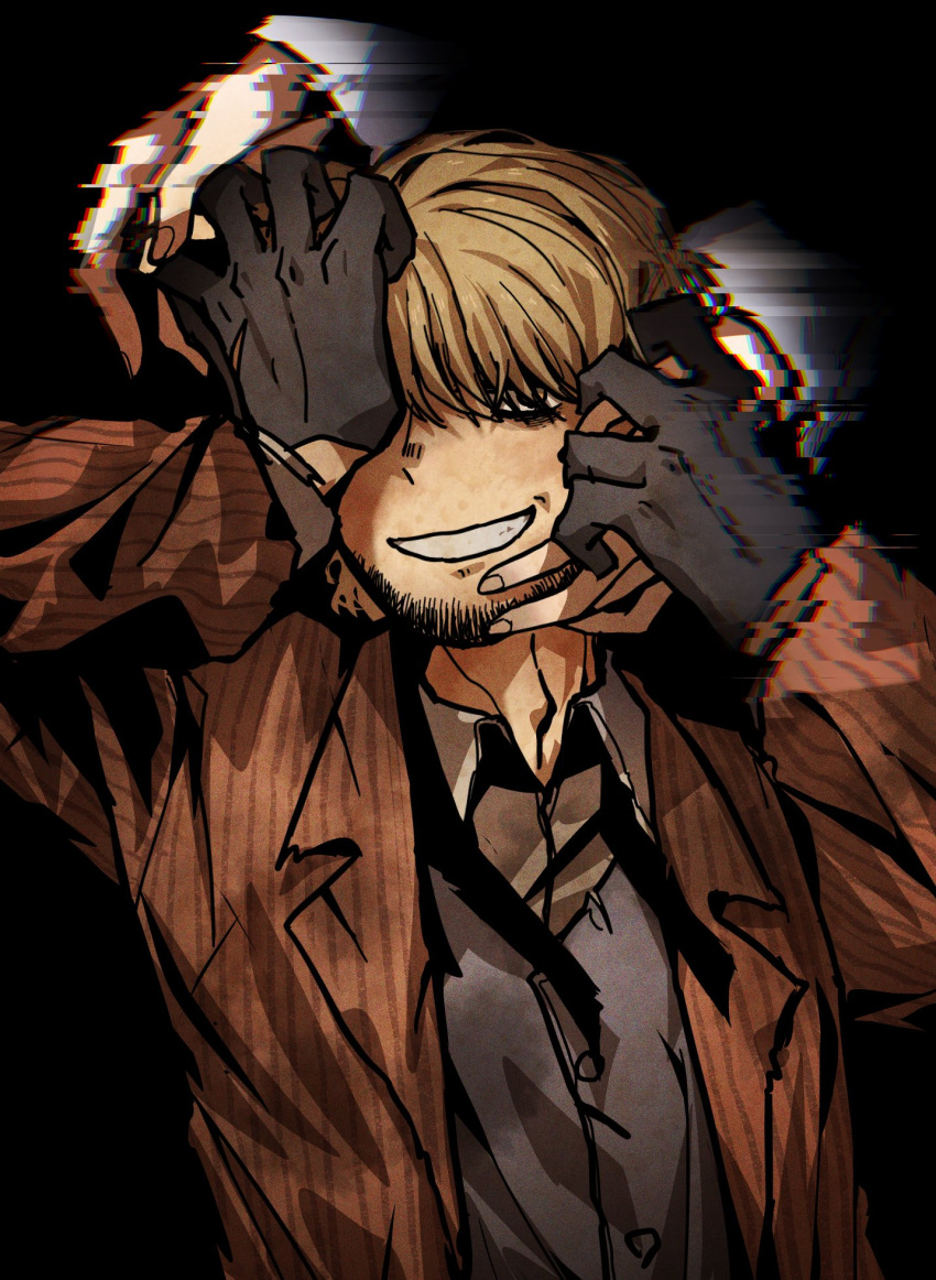 1boy, 1girl, beard, black_background, black_eyes, black_gloves, blonde_hair, brown_coat