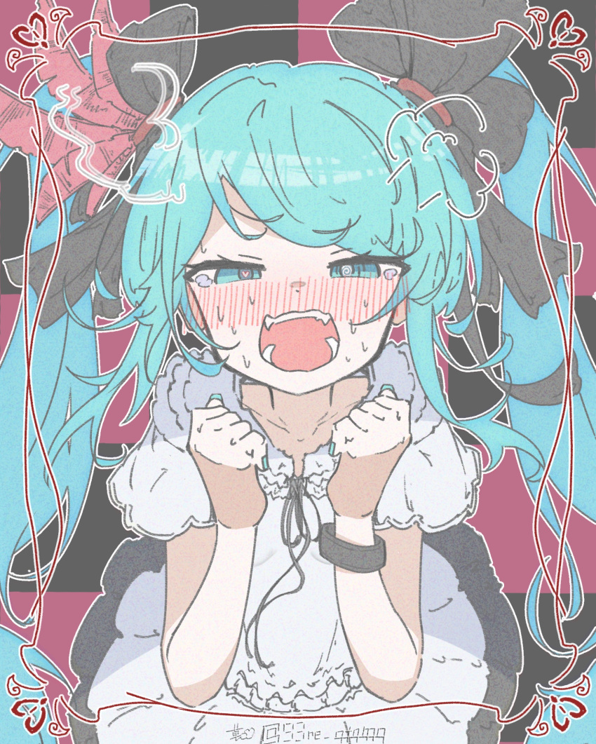 1girl, aqua_eyes, aqua_nails, blush, border, bracelet, collarbone, dress