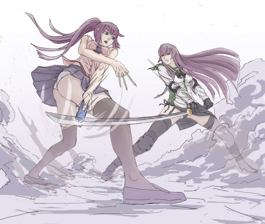 bakemonogatari, battle, blue_eyes, busujima_saeko, crossover, drawfag, epic, highres