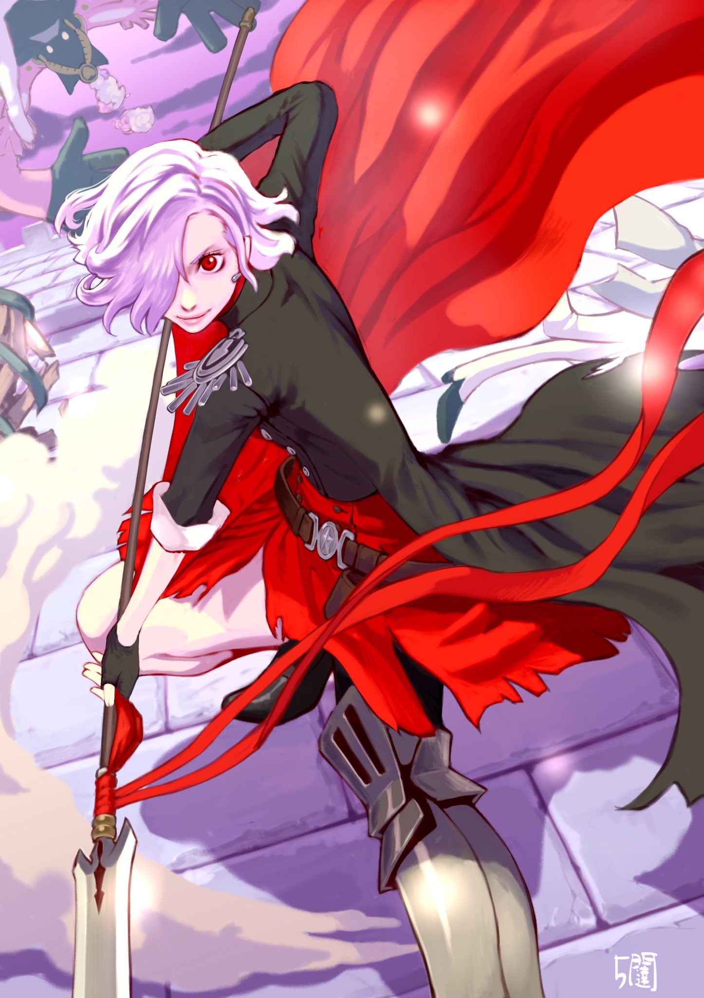 1girl, 5tatsu, armored_boots, asymmetrical_legwear, belt, black_gloves, black_jacket, boots