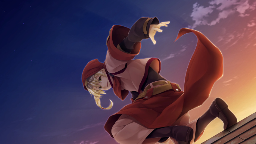 1boy, atelier-moo, belt, blonde_hair, boots, braid, evening, french_braid