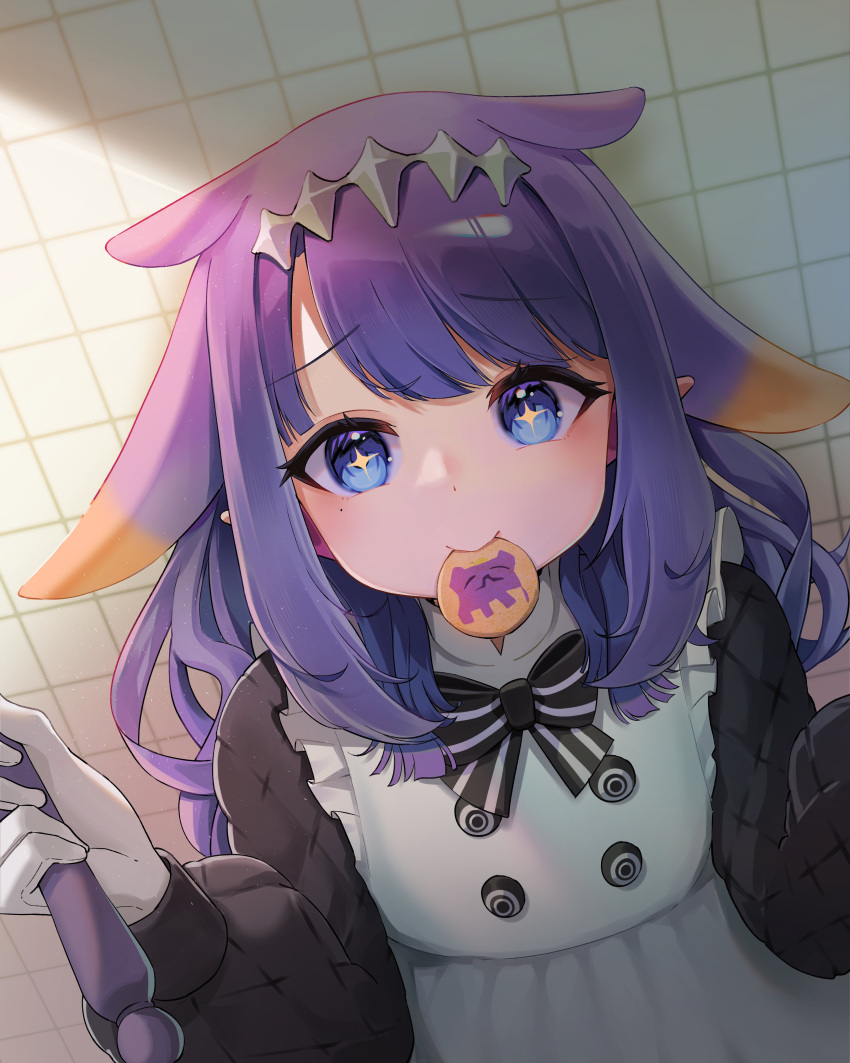 1girl, absurdres, black_bow, black_bowtie, blue_eyes, blunt_bangs, bow, bowtie, buttons, cookie, double-breasted, food, food_in_mouth, gradient_hair, hands_up, highres, holding, hololive, hololive_english, long_hair, long_sleeves, looking_at_viewer, mole, mole_under_eye, multicolored_hair, ninomae_ina'nis, nya_yuika, orange_hair, pointy_ears, puffy_long_sleeves, puffy_sleeves, purple_hair, solo, striped_bow, striped_bowtie, striped_clothes, tentacle_hair, tile_wall, tiles, virtual_youtuber, white_bow, white_bowtie, yuimellow