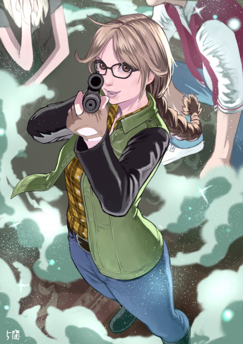 5tatsu, aiming, aiming_at_viewer, belt_buckle, black_footwear, black_sleeves, blonde_hair, blue_pants