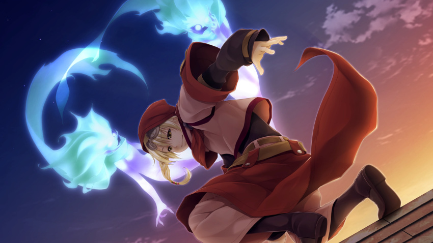 1boy, atelier-moo, belt, blonde_hair, boots, braid, closed_mouth, evening