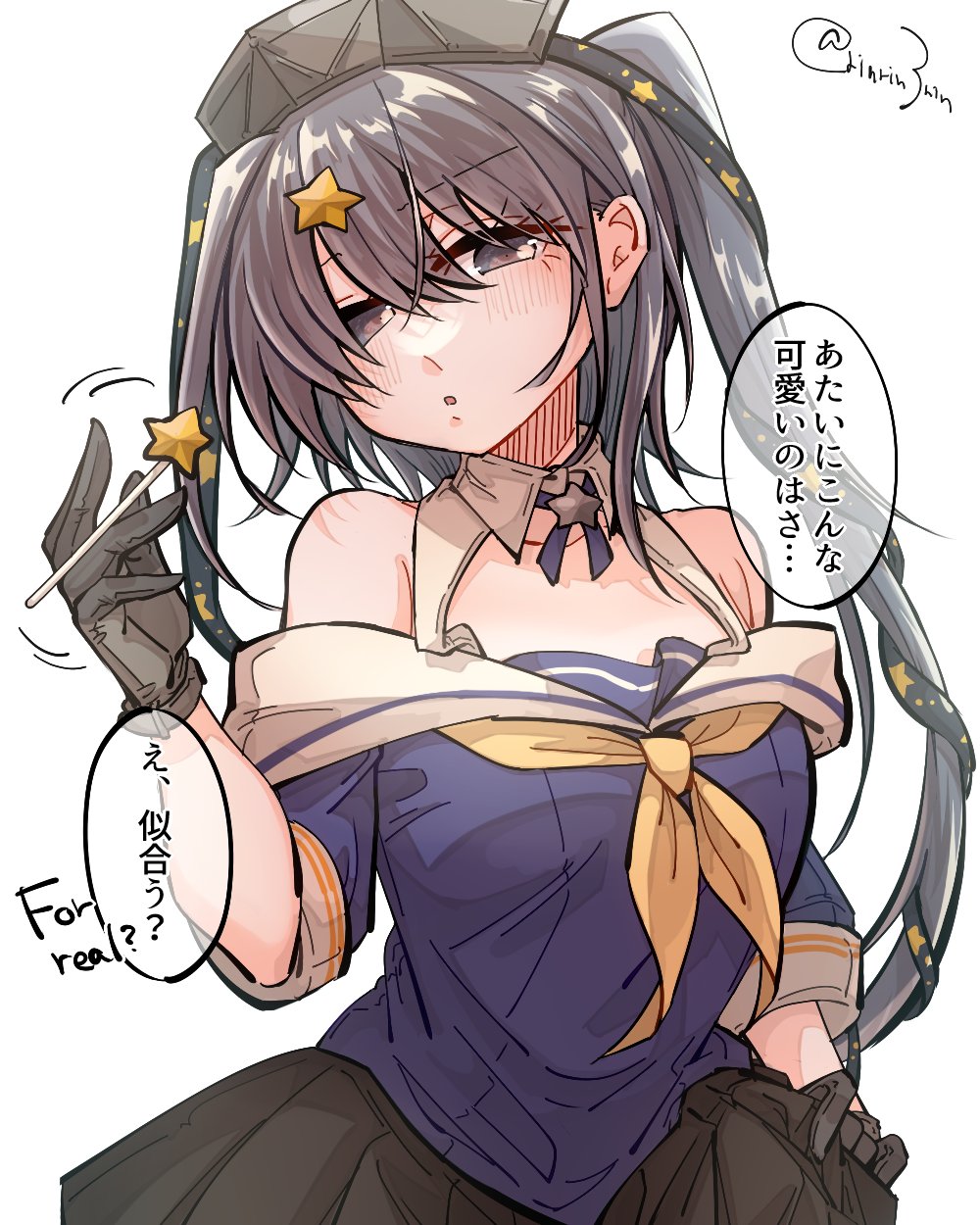 1girl, black_gloves, black_skirt, blue_shirt, breasts, cosplay, fletcher_(kancolle), fletcher_(kancolle)_(cosplay)
