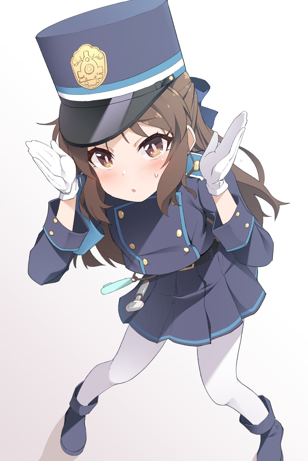 1girl, arms_up, blue_archive, blue_bow, blue_footwear, blue_hairband, blue_hat, blue_jacket