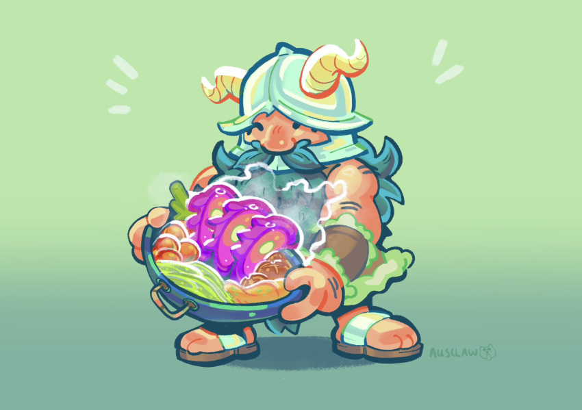 1boy, ^_^, austin_(ausclaw), beard, brown_hair, closed_eyes, deformed, dungeon_meshi, dwarf, facial_hair, fake_horns, food, full_body, gradient_background, happy_aura, helmet, highres, holding, holding_food, horned_helmet, horns, long_beard, male_focus, senshi_(dungeon_meshi), solo, thick_mustache, very_long_beard, wok