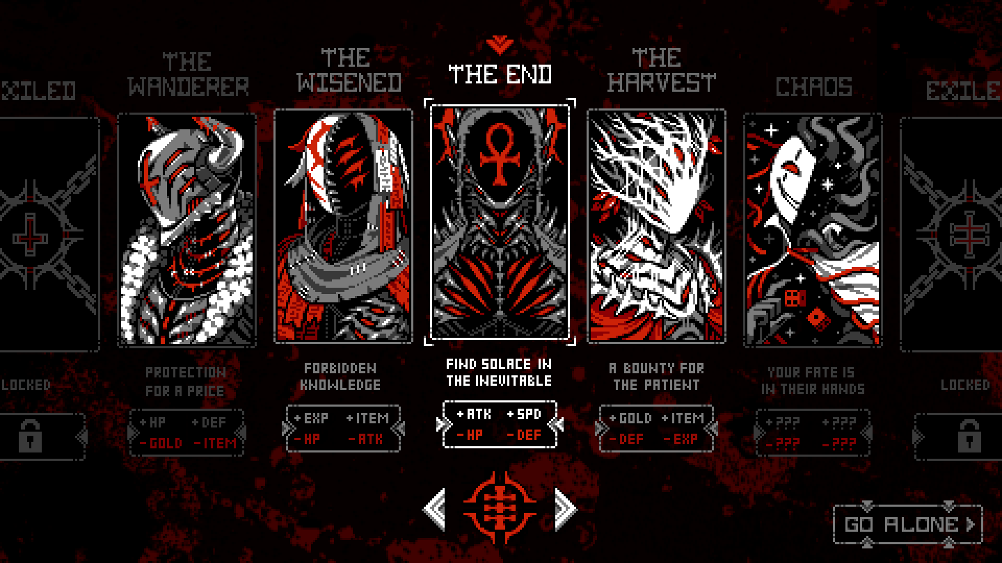 5others, branch, cape, demon, demon_horns, dice, english_commentary, english_text, evil_smile, extra_eyes, faceless, fake_horns, horned_headwear, horns, horror_(theme), kadabura, mask, multiple_others, original, pixel_art, smile, spikes, stitches