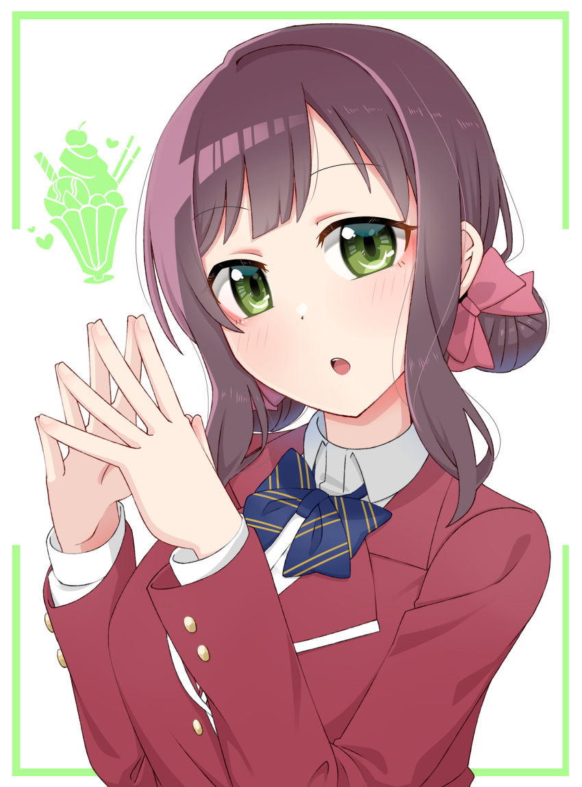 1girl, :o, absurdres, blazer, blue_bow, blue_bowtie, blush, border
